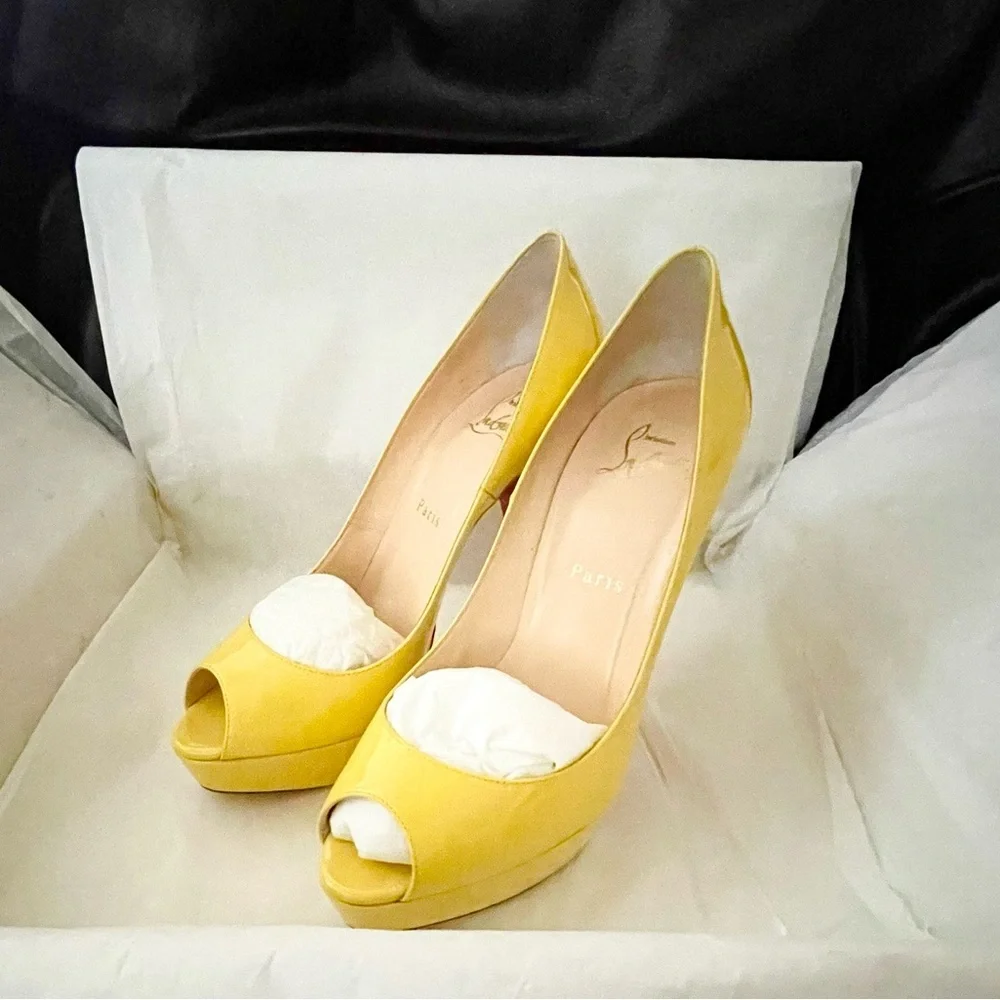 Christian Louboutin ladypeep 140 glossy patent leather yellow peeptoe pumps 38.5